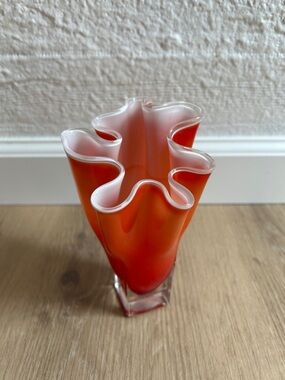 Vintage Murano Red & White Handkerchief Art Glass Vase with Clear Base